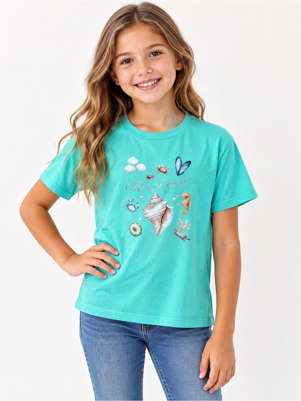 Girls' Turquoise Seashell Graphic Short Sleeve Tee